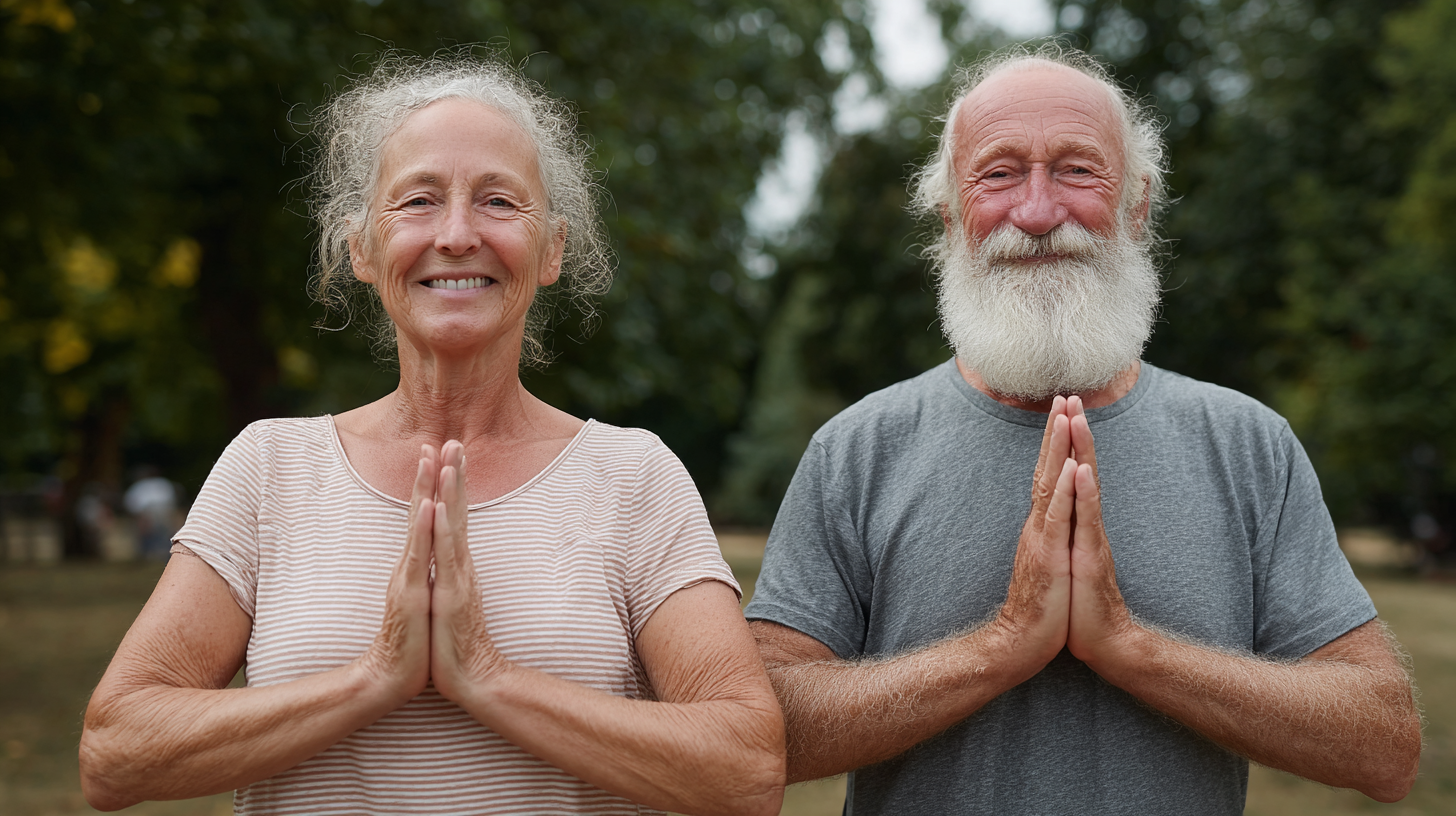 Adultos mayores practicando yoga en ambiente tranquilo